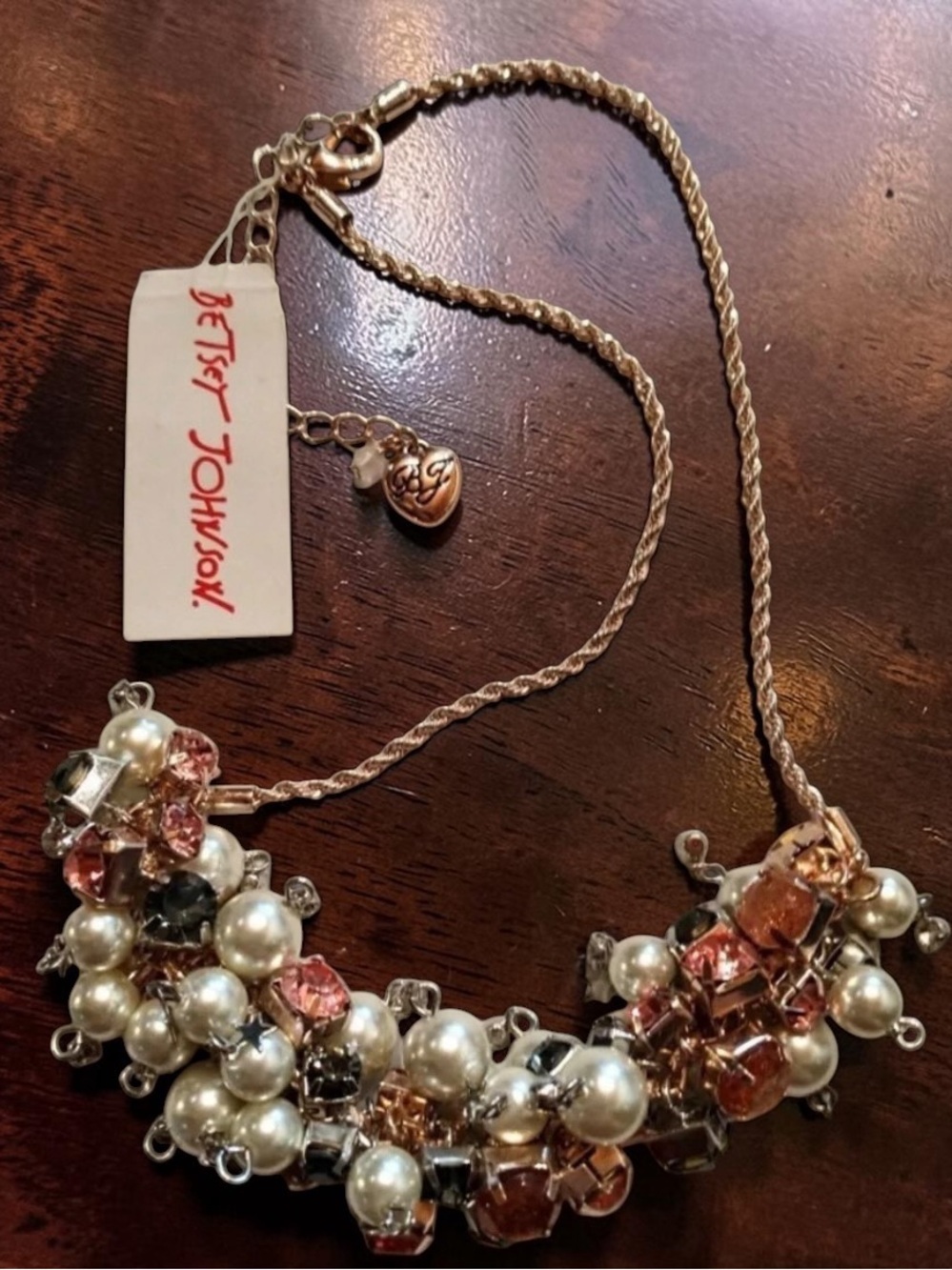 BETSEY JOHNSON Statement Gold-Tone Necklace Crystals Faux Pearls Baubles NWT